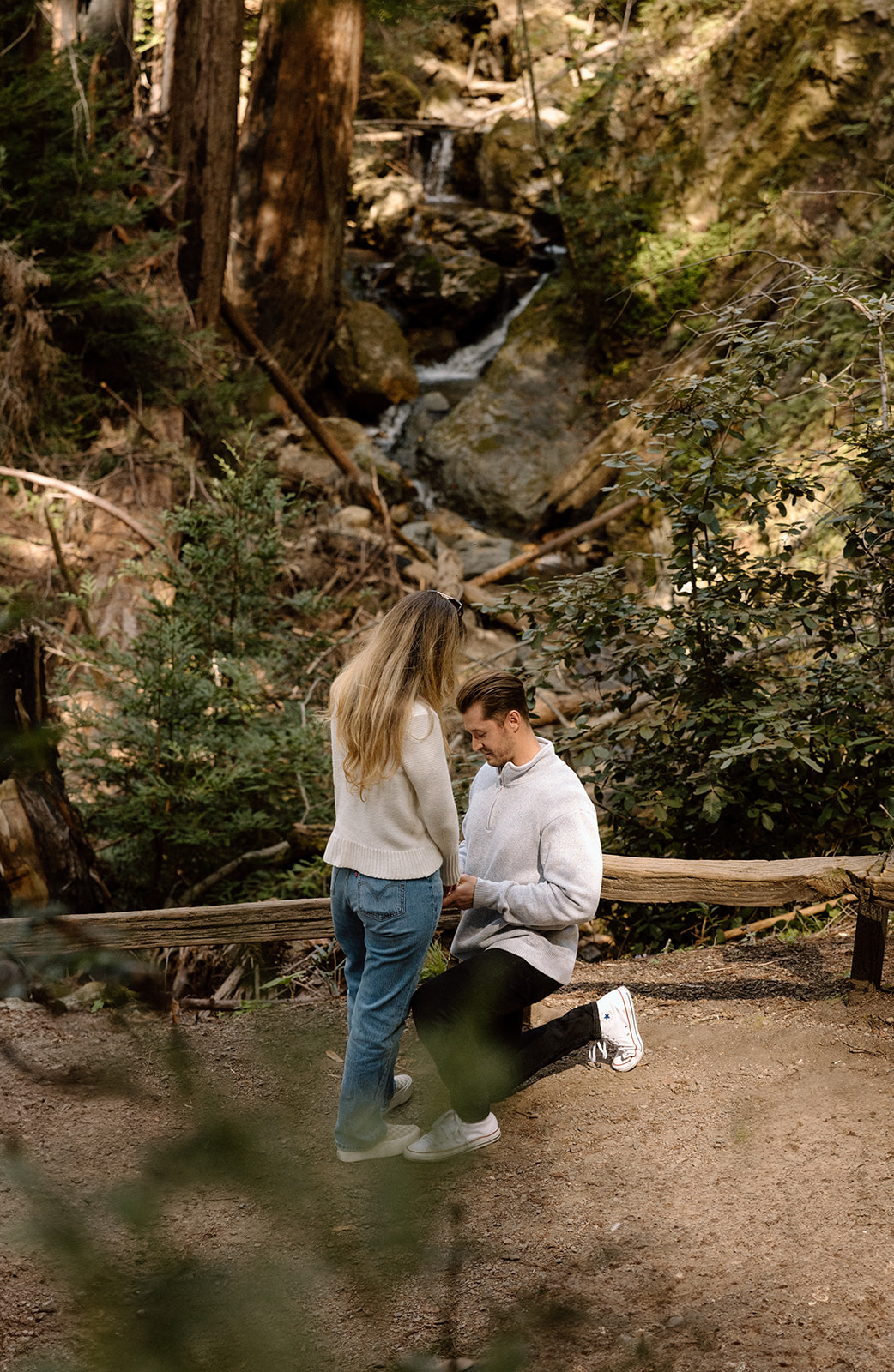 Abel kneeling to propose to Aidan beside a wooded creek at Armstrong Redwoods